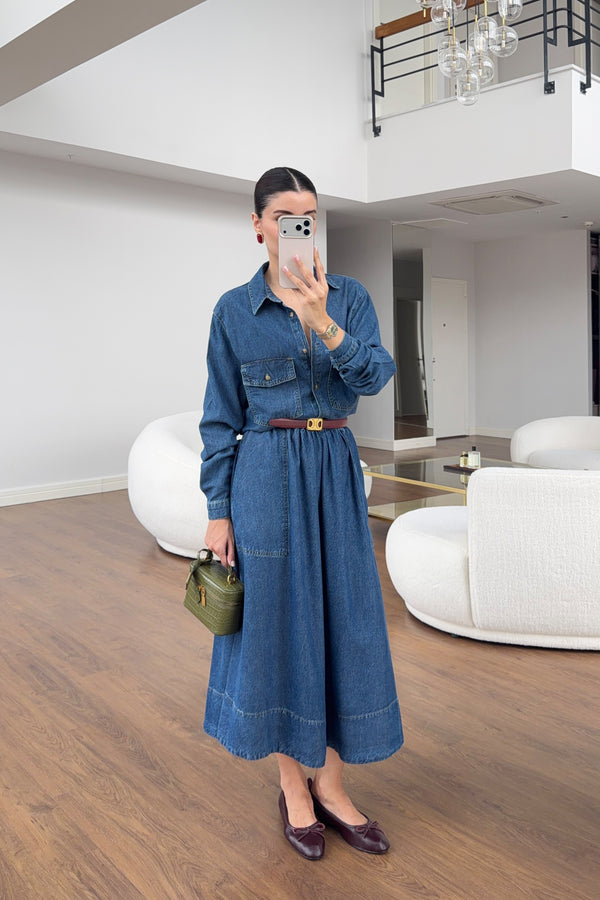 Soft denim shirt and skirt set on model