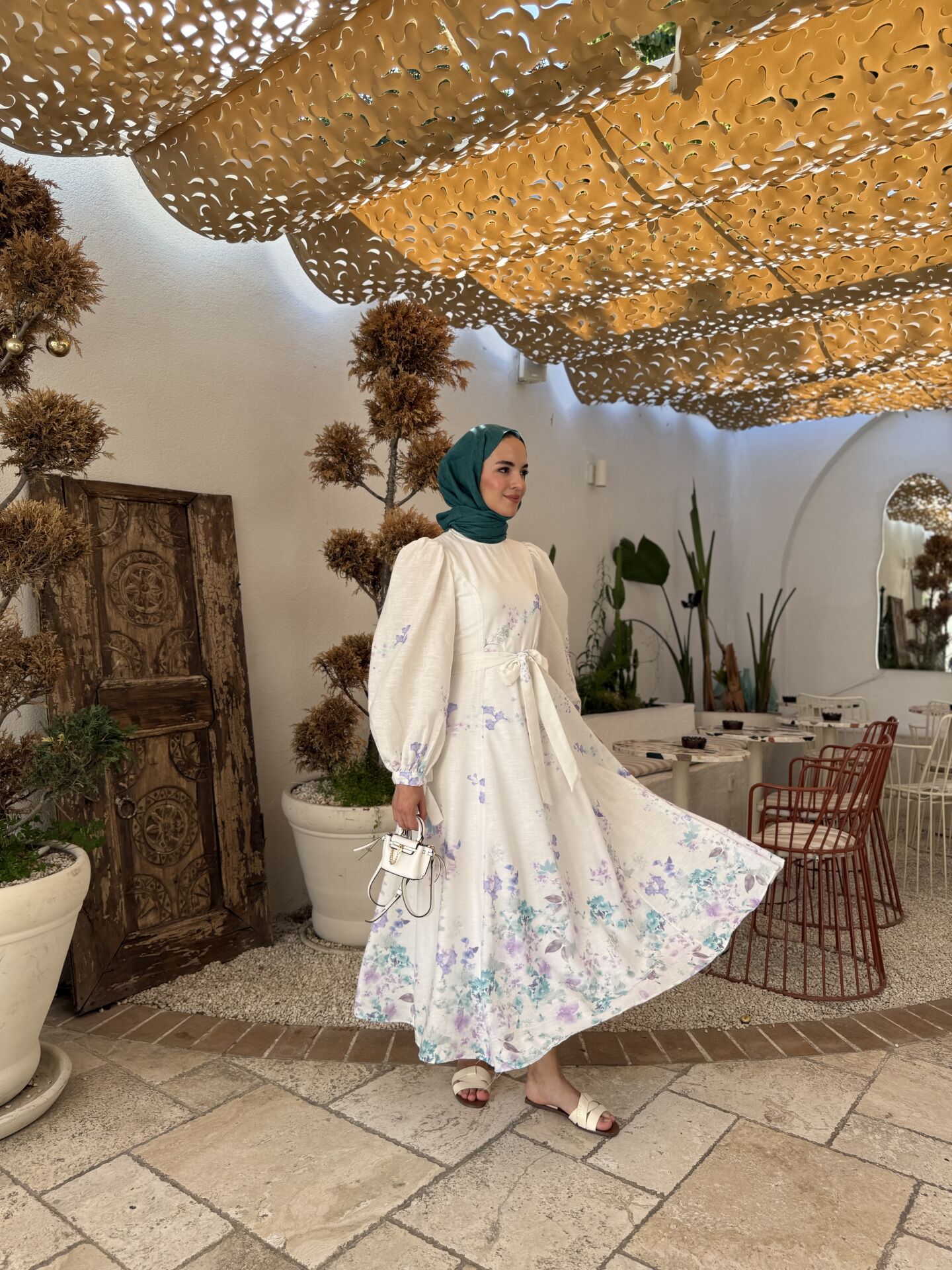 Blue Linen Dress with Puff Sleeves