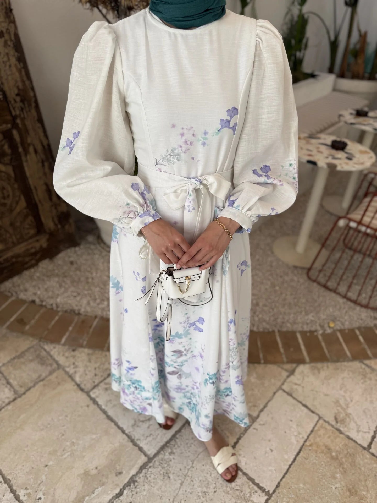 Blue Linen Dress with Puff Sleeves