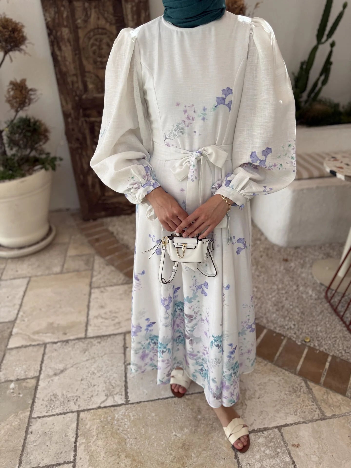 Blue Linen Dress with Puff Sleeves