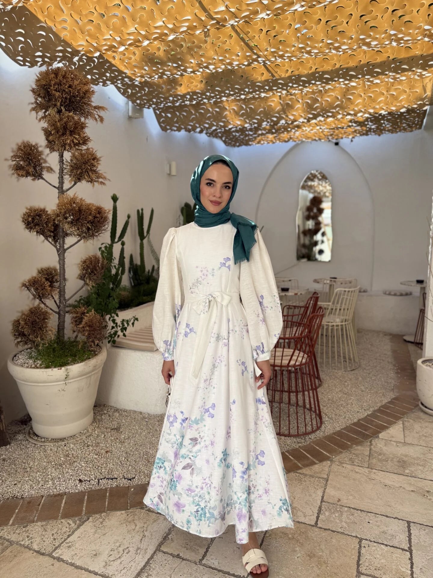 Blue Linen Dress with Puff Sleeves