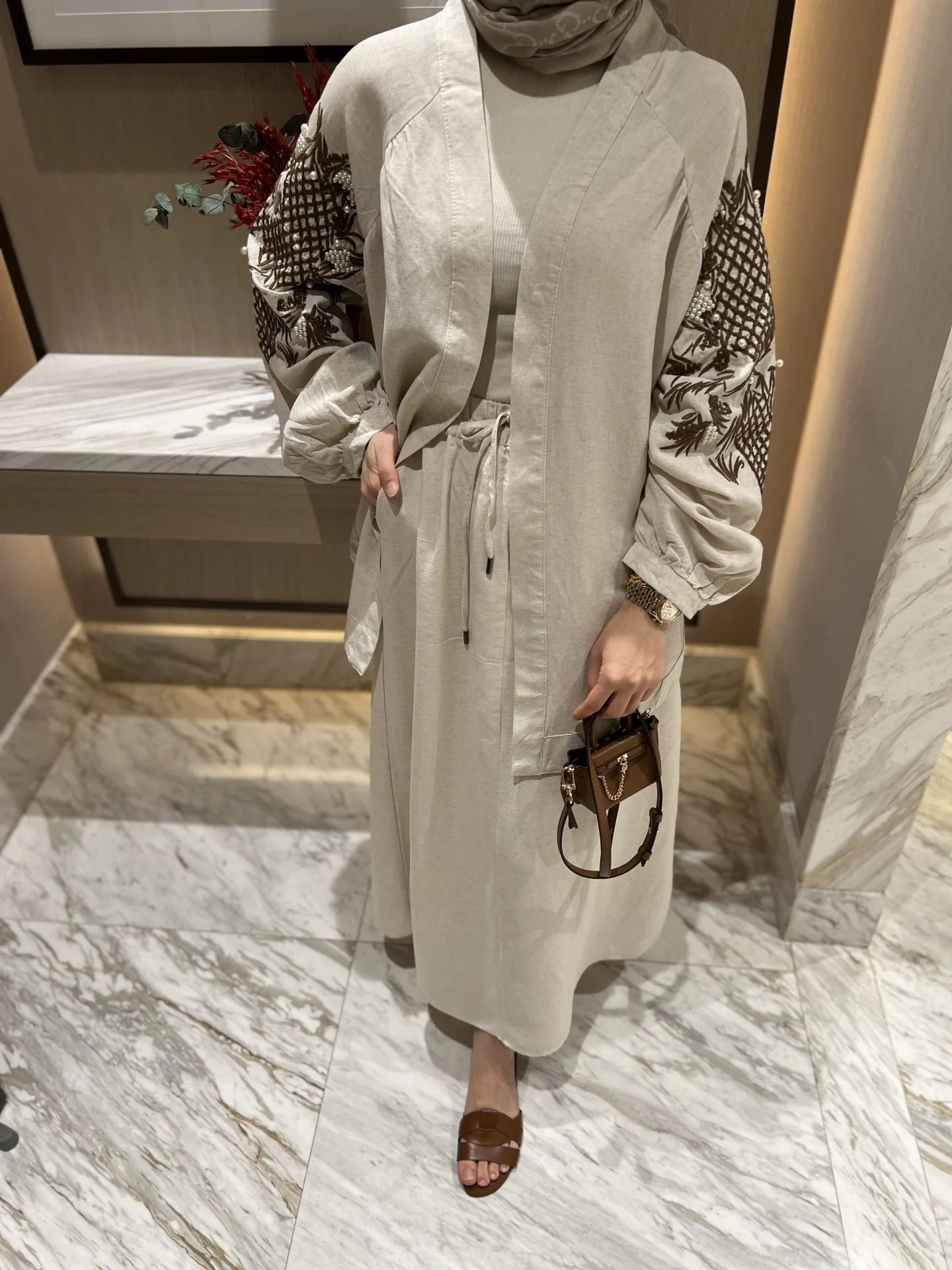 Pearl-Embroidered Linen Kimono