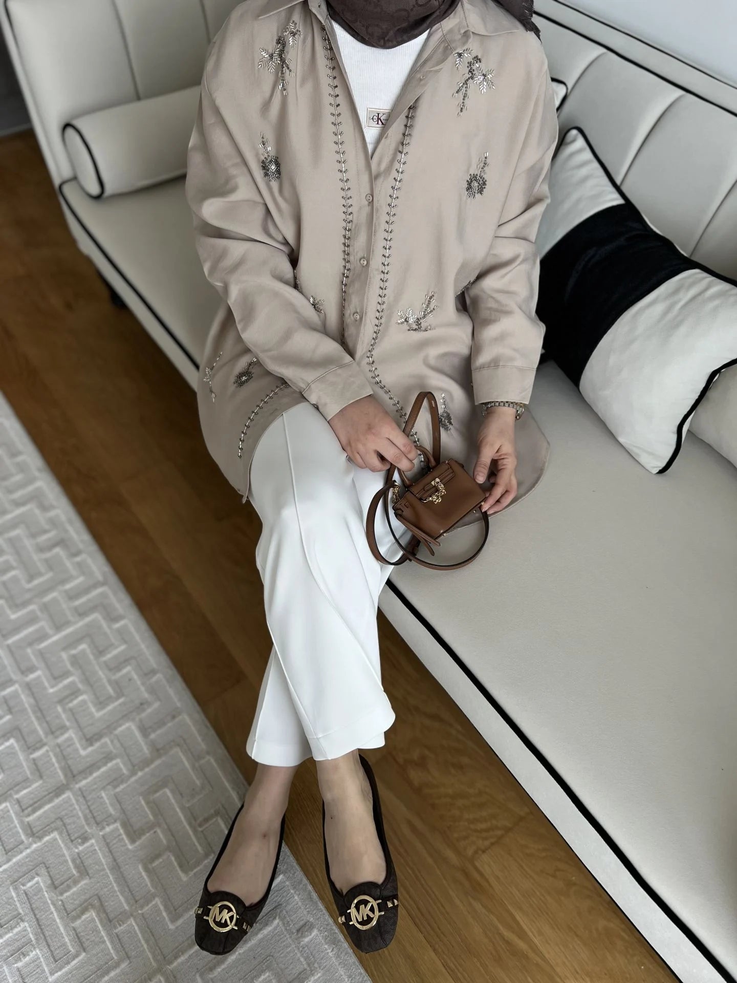 Premium Natural Beige Embroidered Tencel Shirt