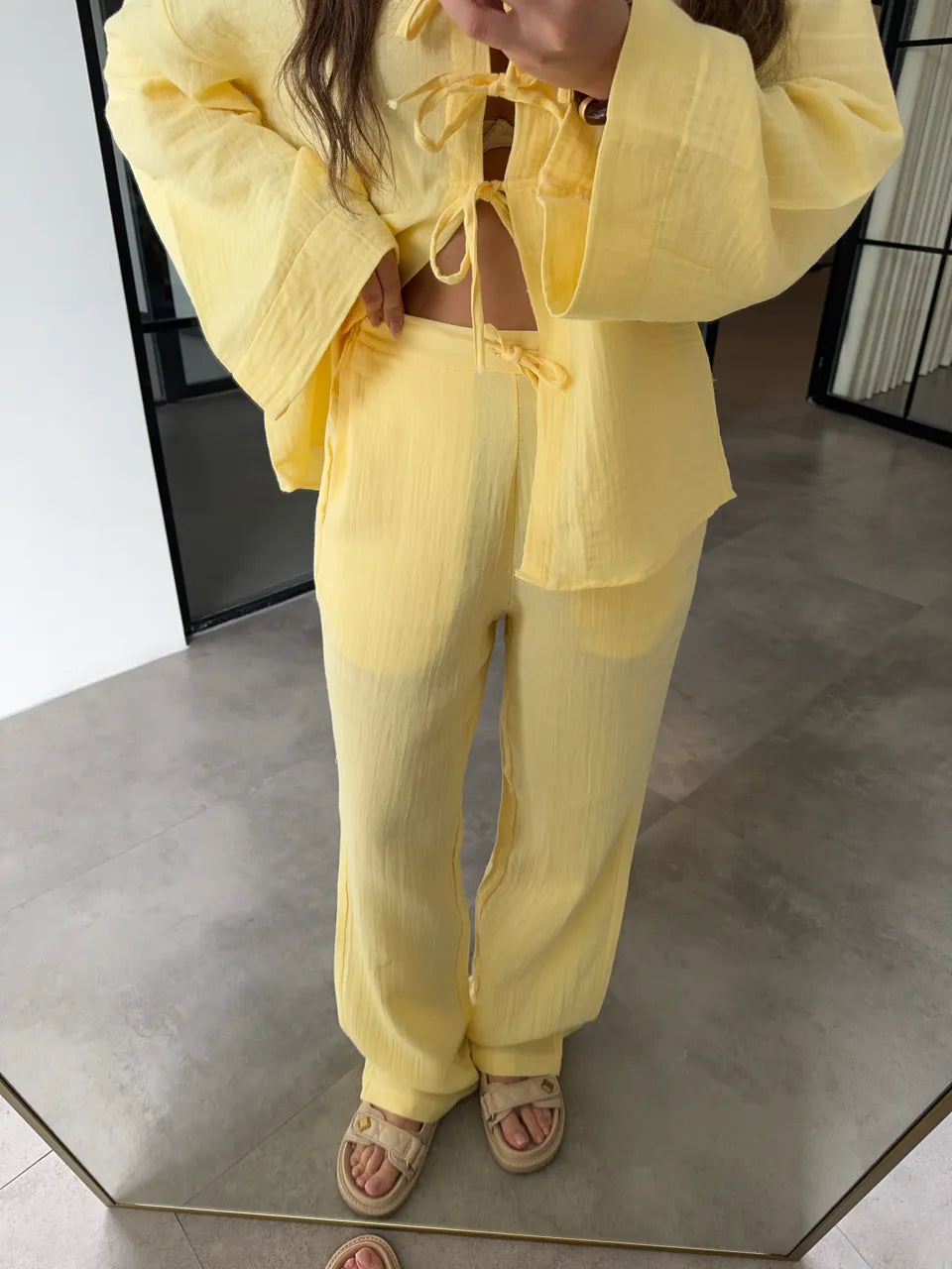 100% Cotton Front-Tie Kimono & Pants Muslin Set – Butter Yellow