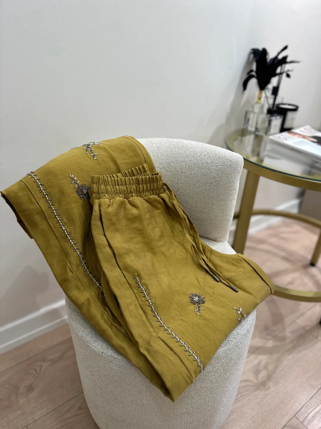 Olive Green Linen Embroidered Pants