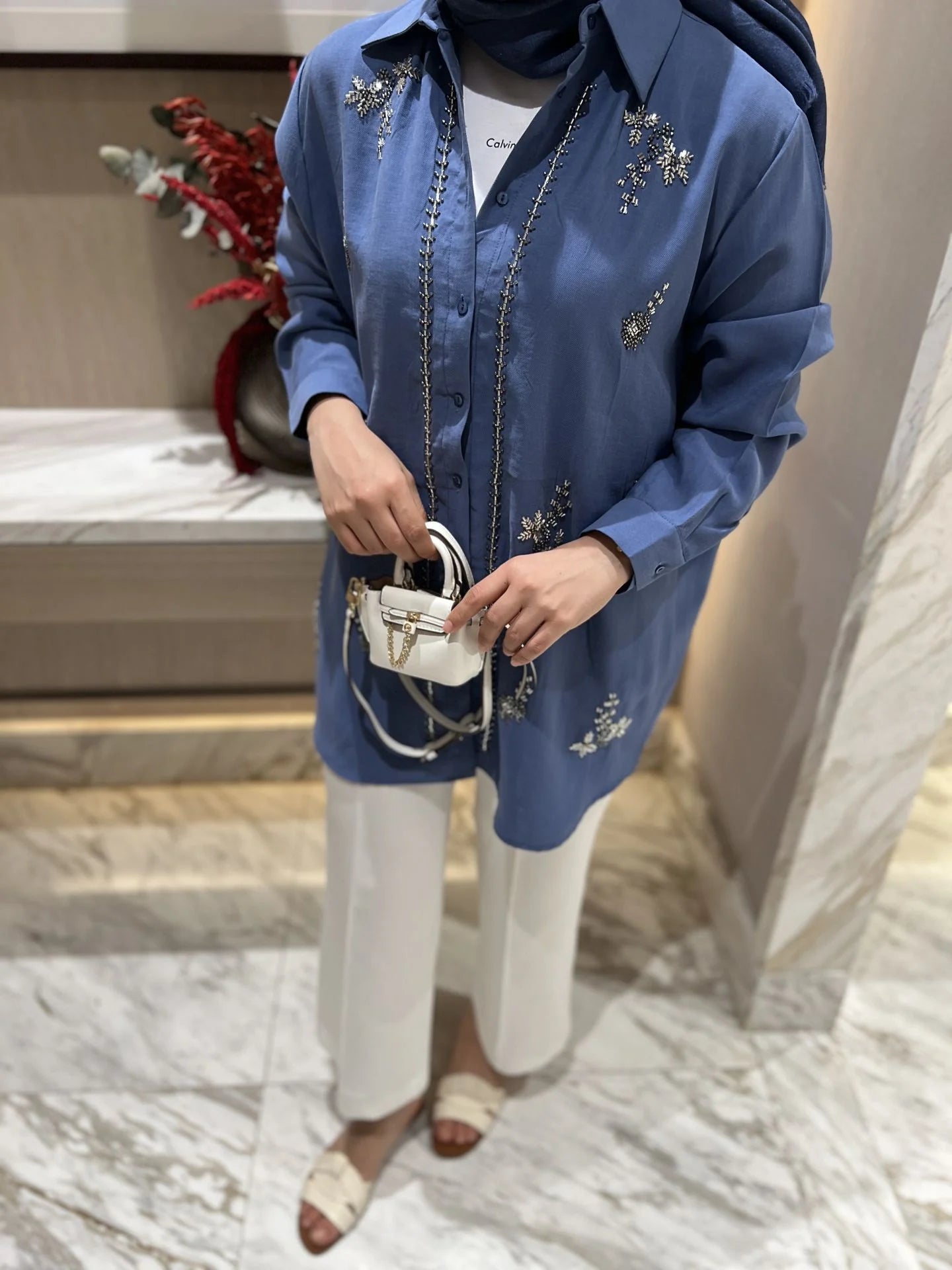 Premium Natural Blue Embroidered Tencel Shirt