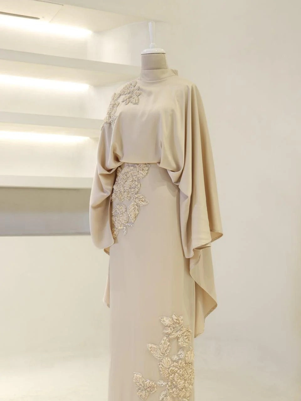 Soraya Stone-Embellished Modest Satin Cape Pencil Dress - Evening Dress