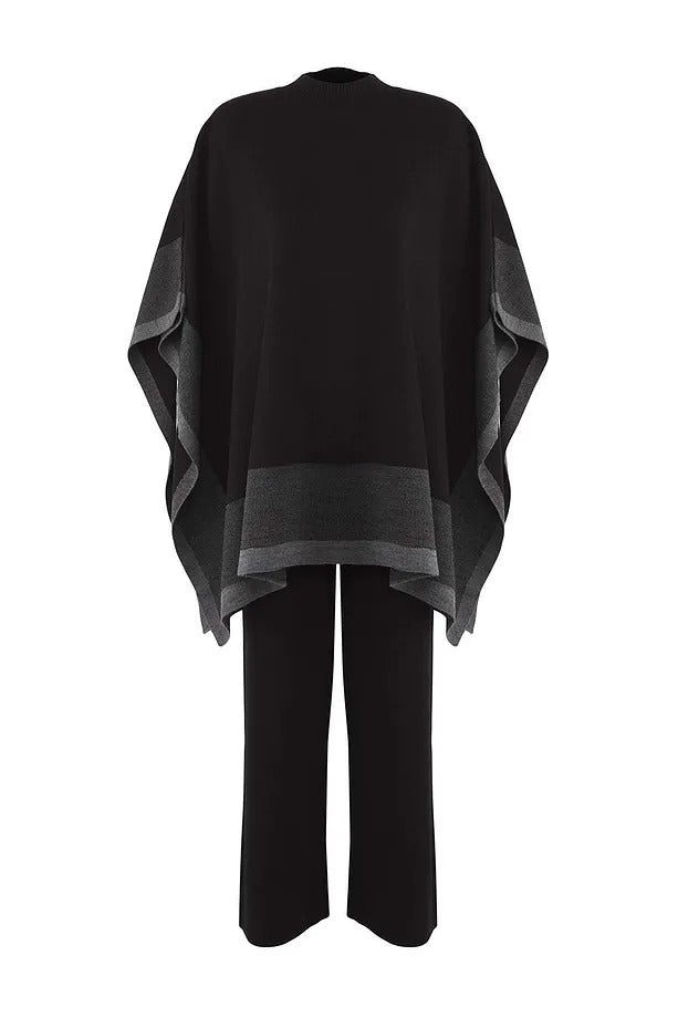 Black Color-Block Knit Poncho & Pants Two-Piece Set