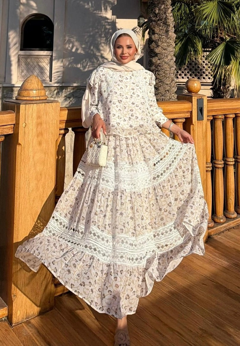 Floral Print Lace-Trim Tiered Maxi Co-ord Set - Ecrou