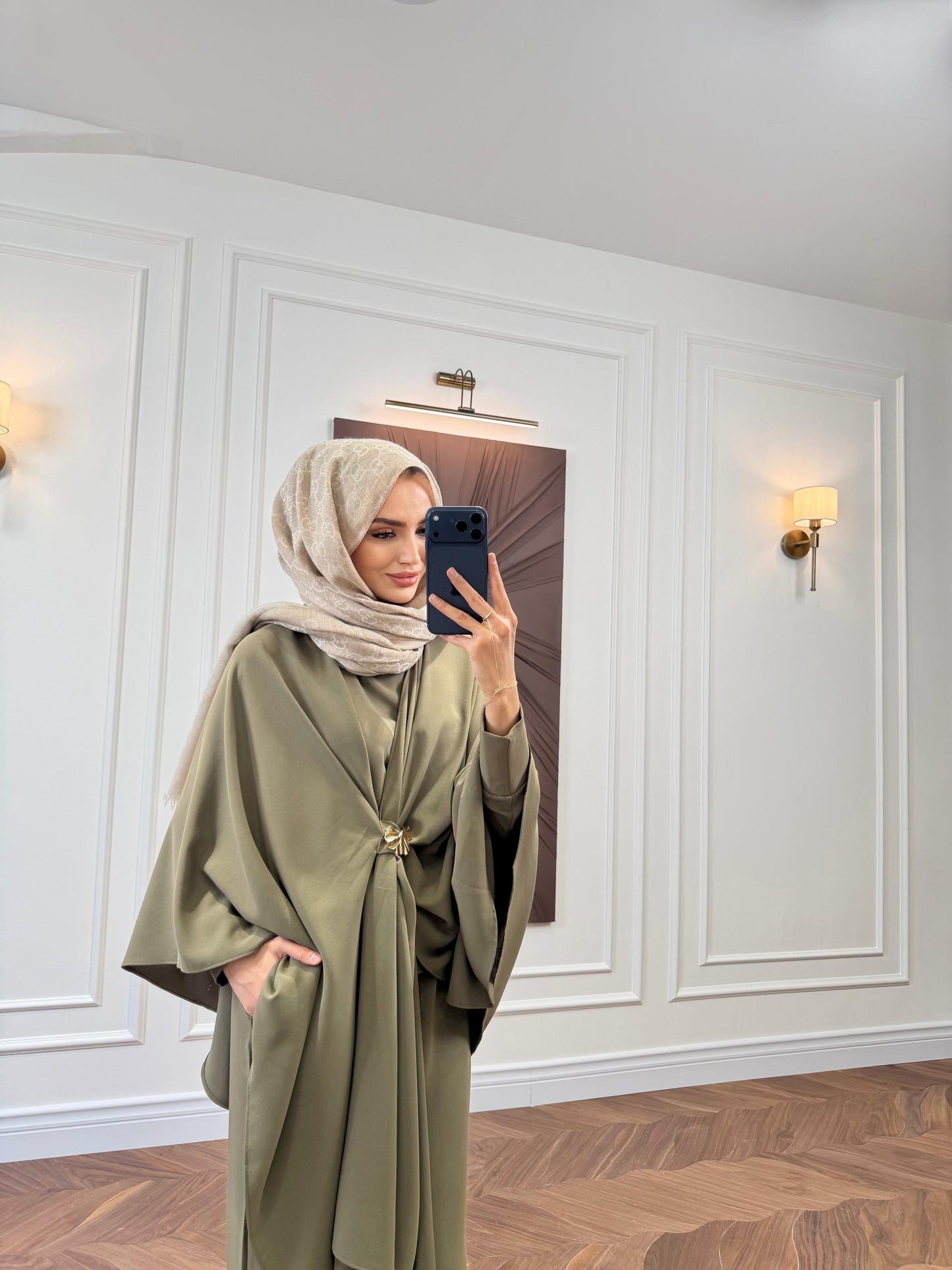 Sage Green Cape-Sleeve Co-ord Set with Gold Brooch Detail