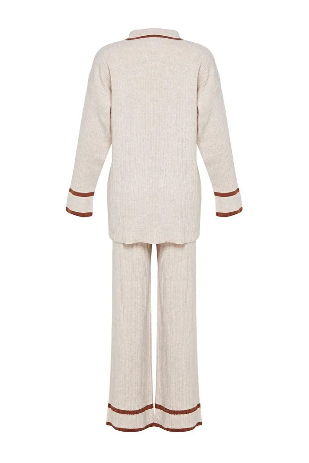 Stone Brown Piped Knit Sweater & Pants Set