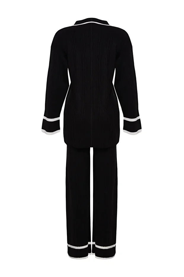 Black Piped Knit Sweater & Pants Set