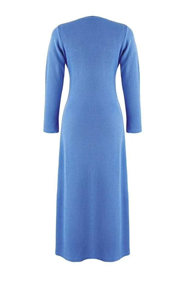 Blue Gold Buttoned Ribbed Knit Dress