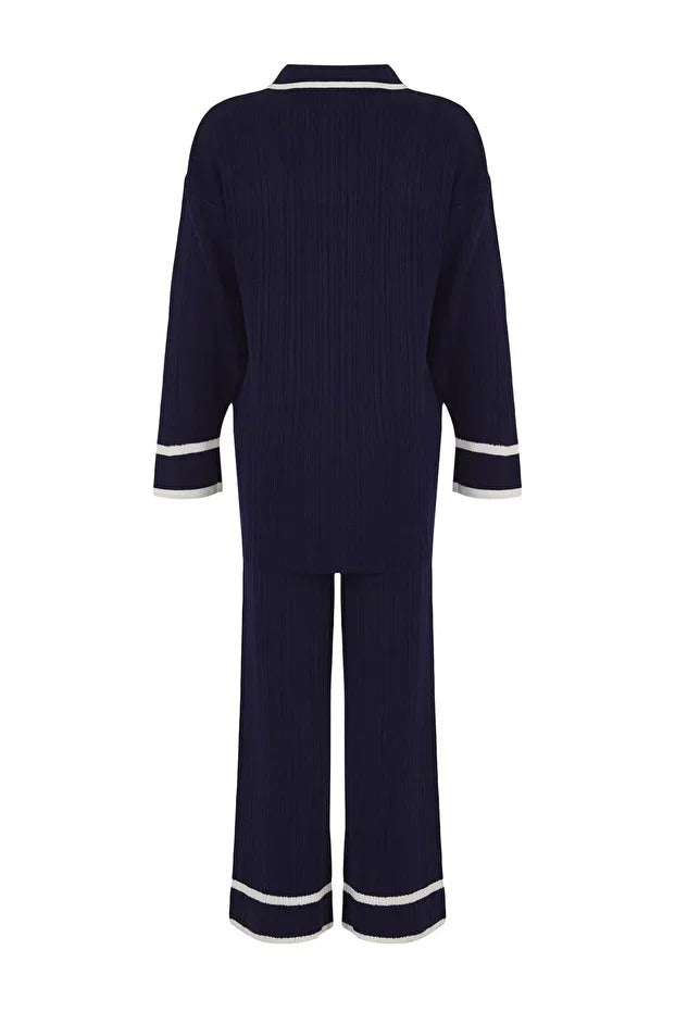 Navy Blue Piped Knit Sweater & Pants Set