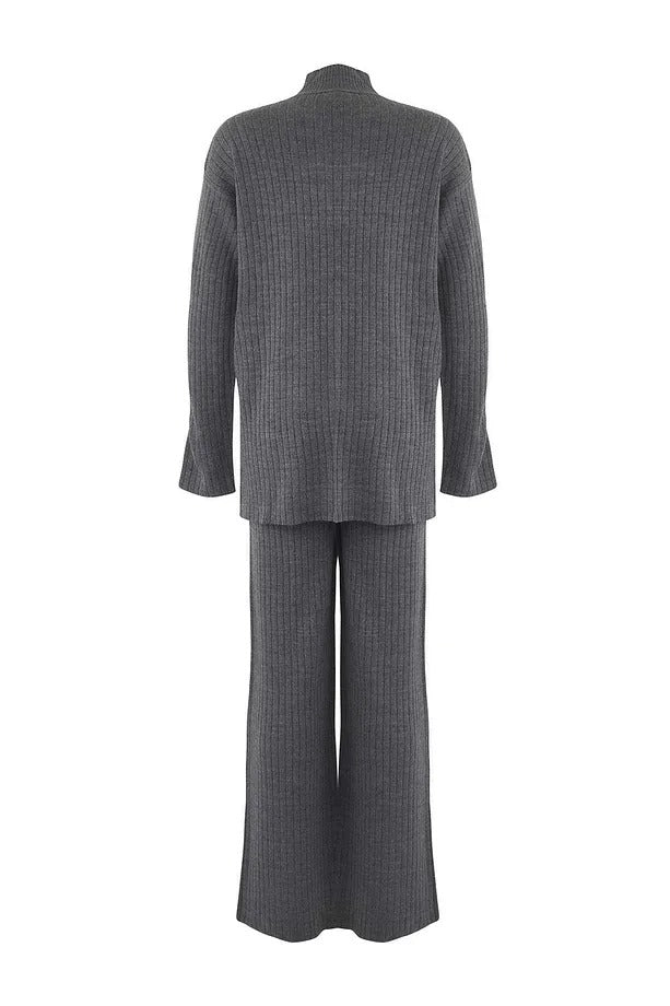 Anthracite Gold-Button Knit Top & Pants Two-Piece Set