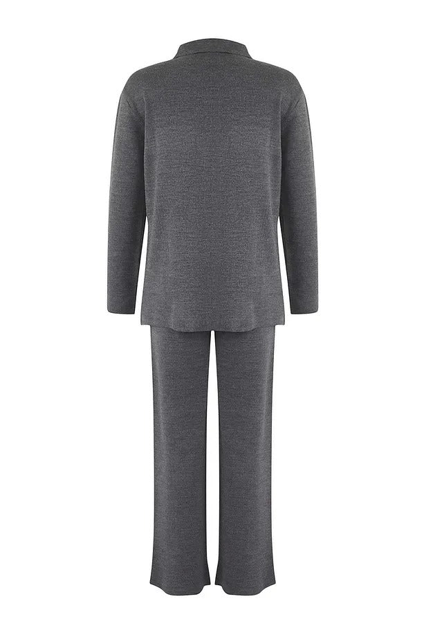 Anthracite Zip-Detail Knit Top & Pants Two-Piece Set with Pockets