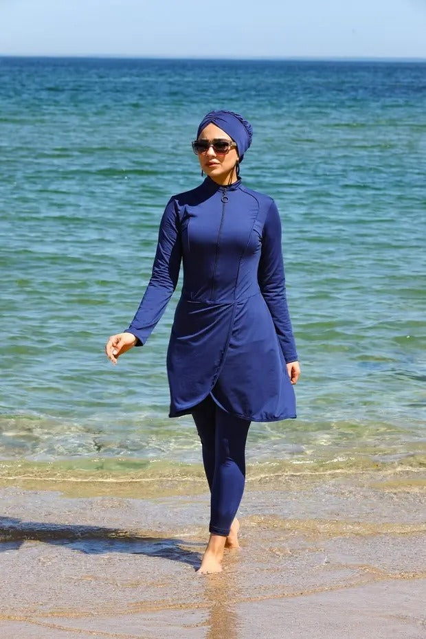 Pareo Style Full Coverage Burkini - 3 Piece Modest Swimsuit -Blue
