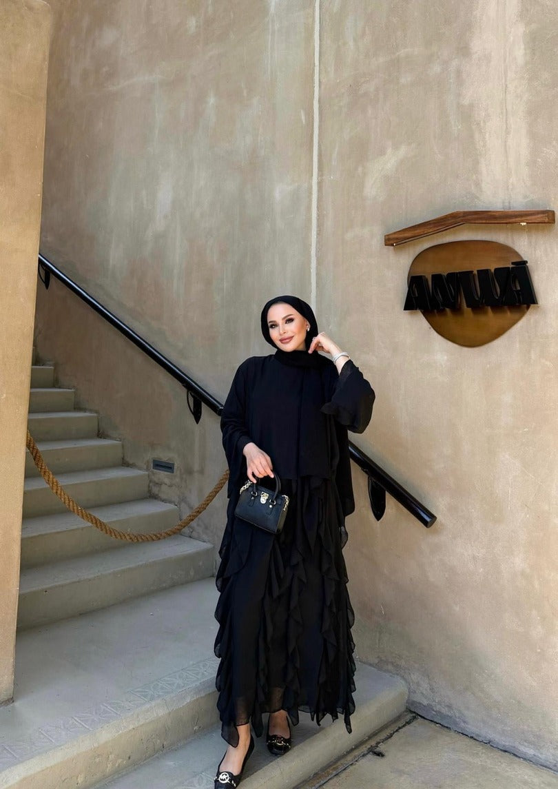 Black Ruffle-Detail Chiffon Blouse and Skirt Set- PRE ORDER