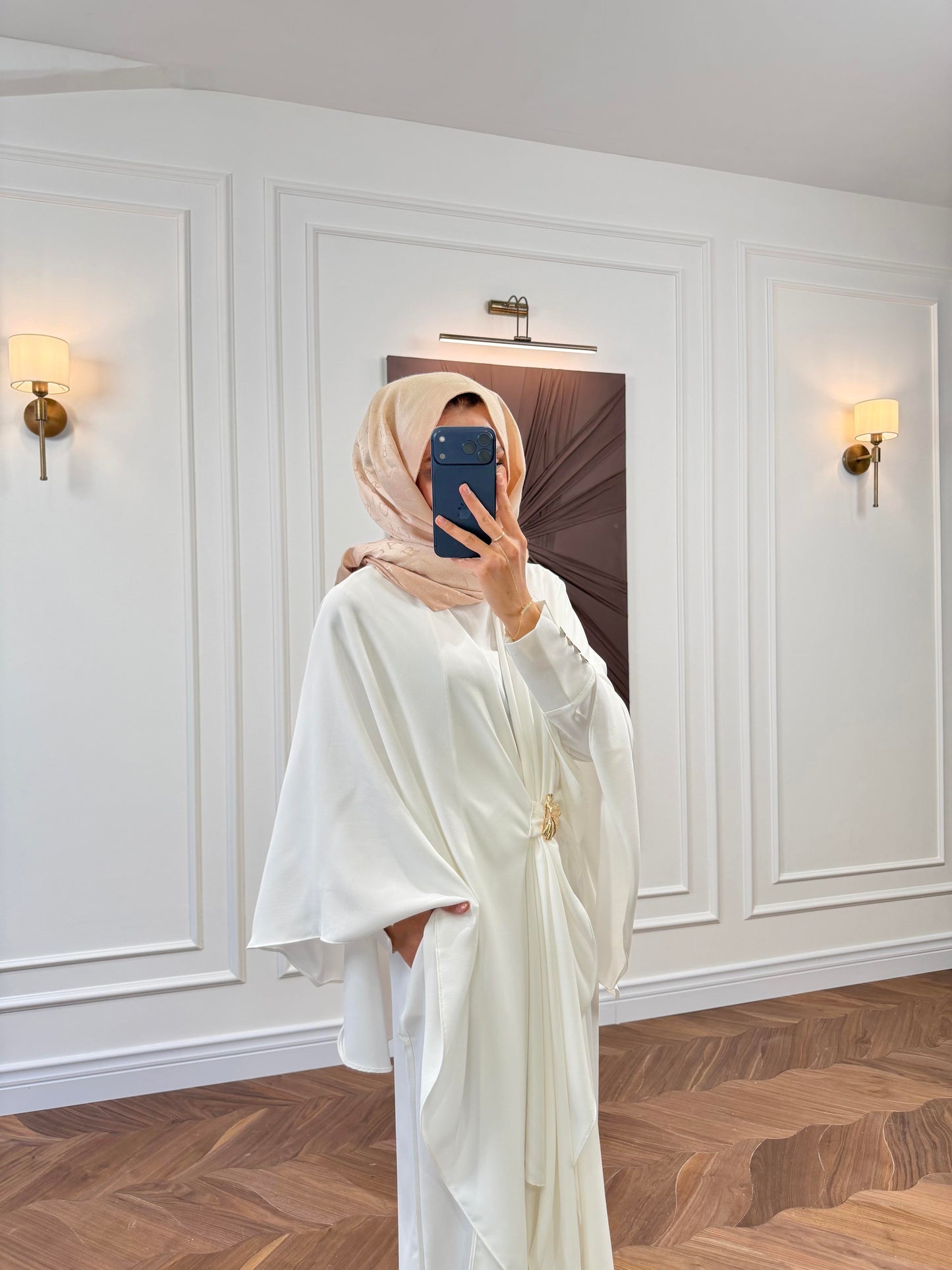 Off White Cape-Sleeve Co-ord Set with Gold Brooch Detail