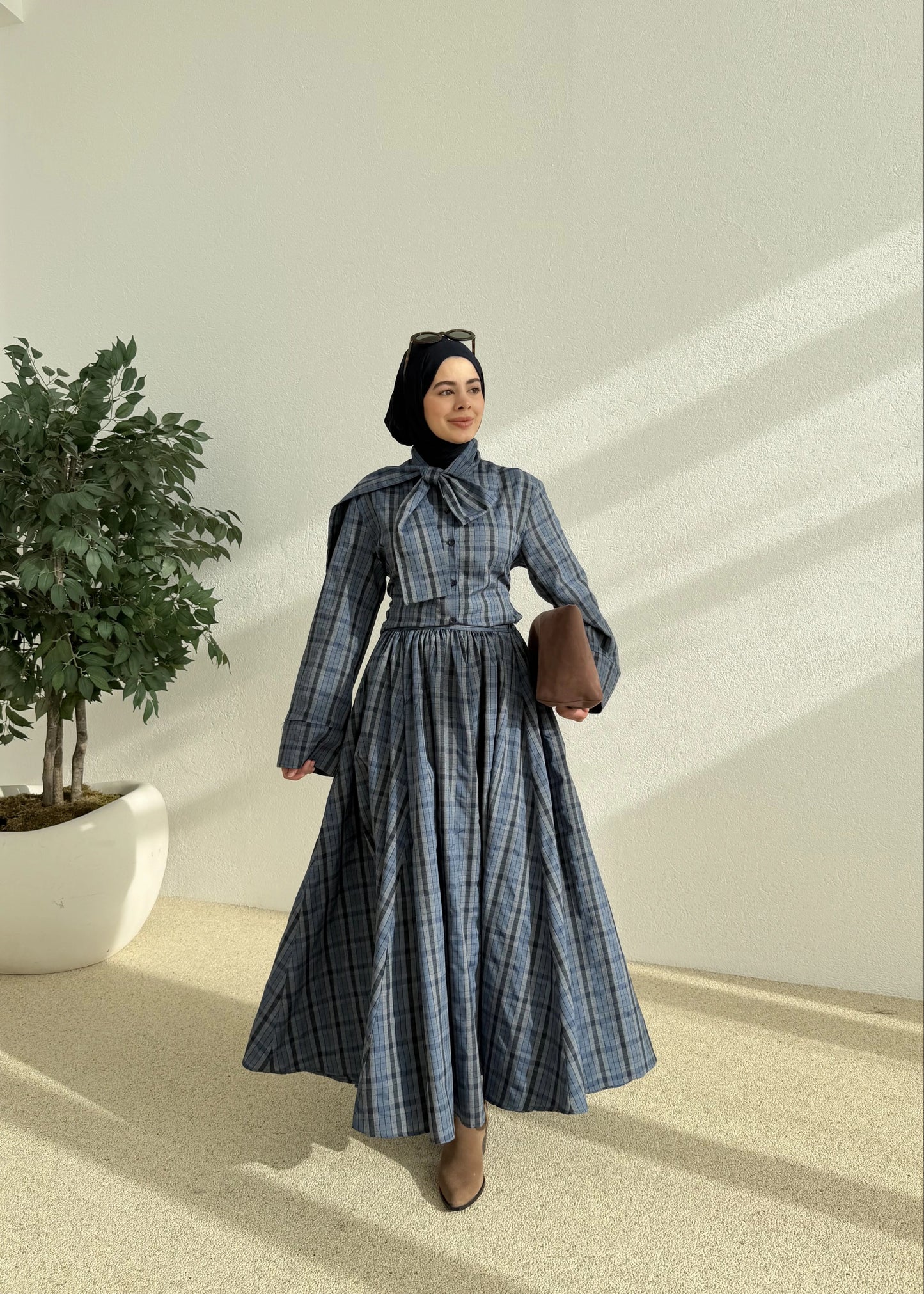 Navy Blue Tartan Ribbon Neck Two-Piece Set