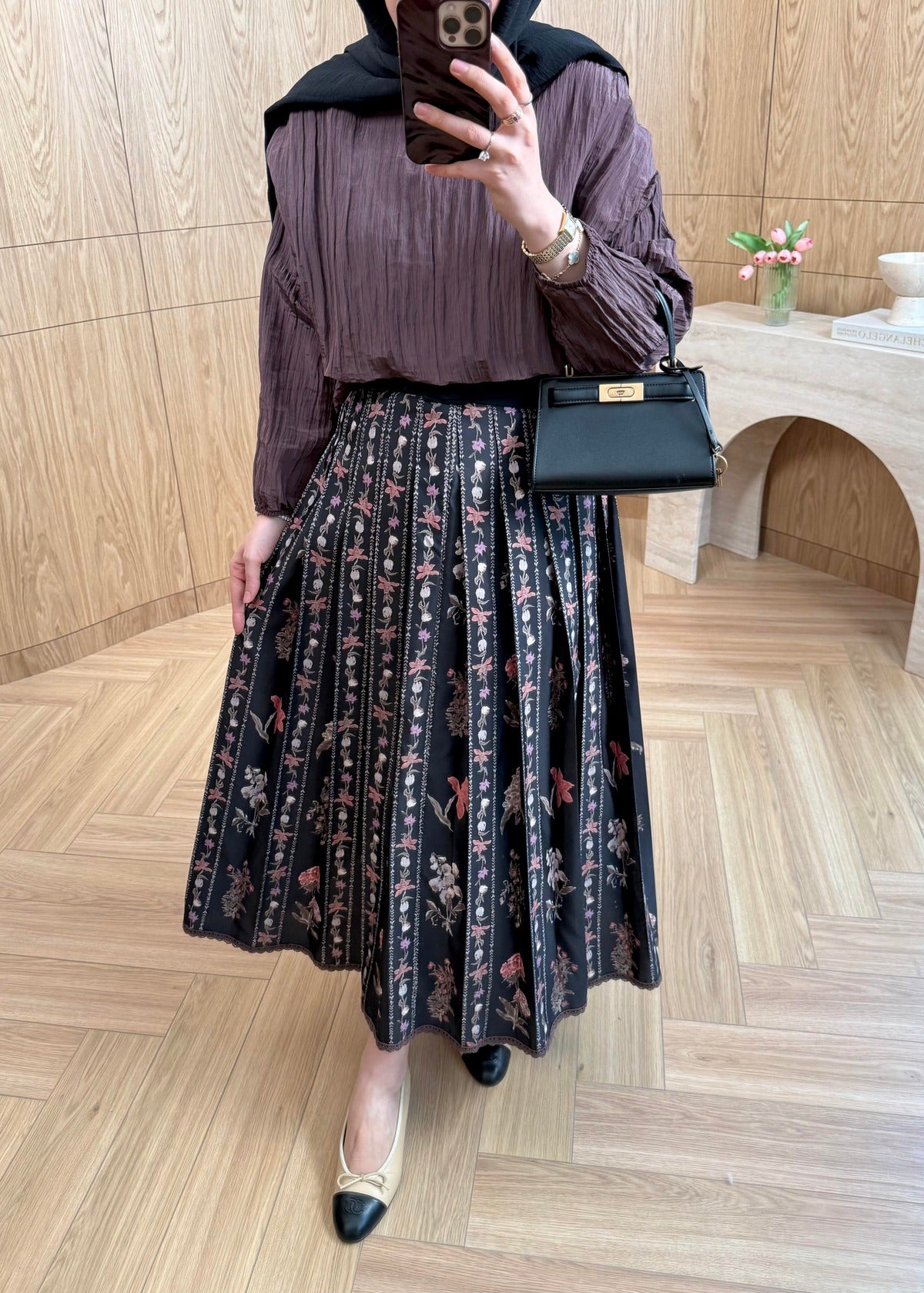 Lily Co-ord Set — Black Textured Blouse & Floral Pleated Midi Skirt