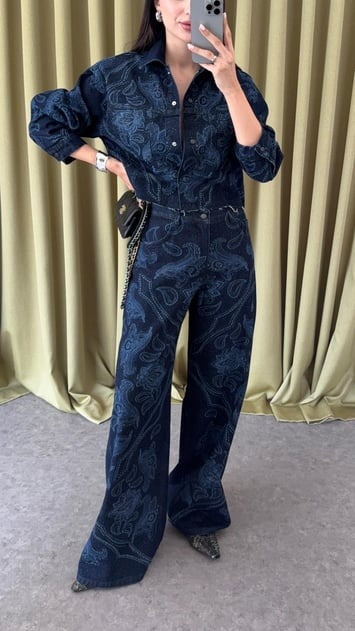 Dark Blue Palazzo Fit Denim Jeans with Shiny Stone Pattern