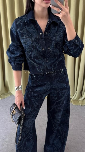 Premium Dark Blue Button-Front Denim Jacket with Shiny Stone Pattern