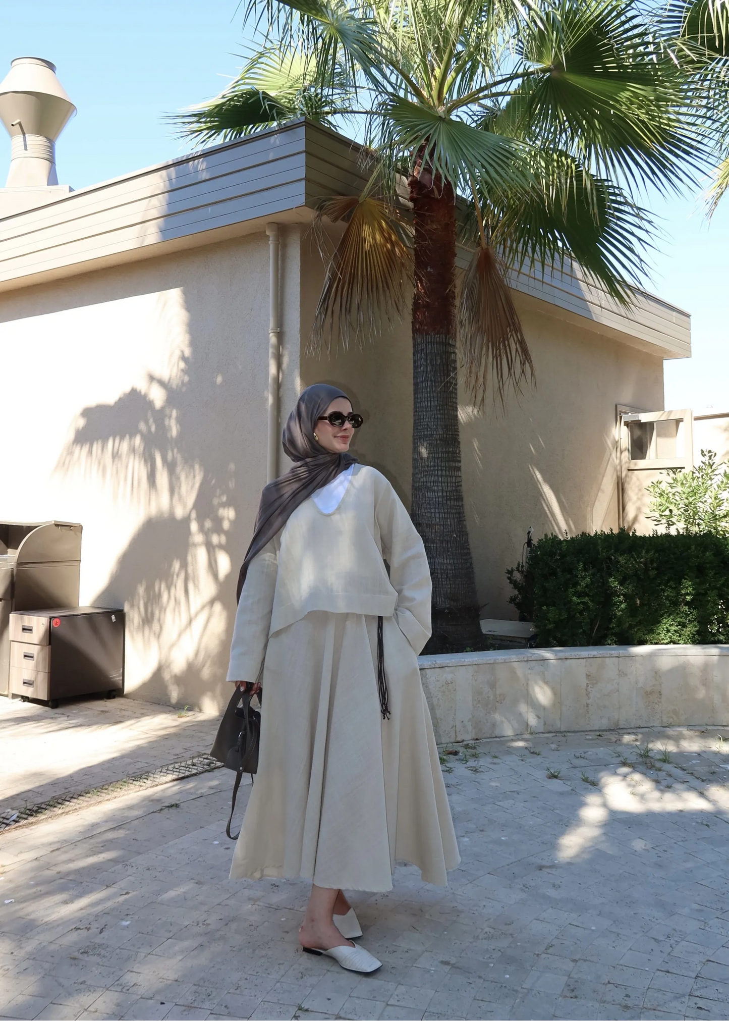 Deep V-Neck Linen Kimono Set with Maxi Skirt – Beige