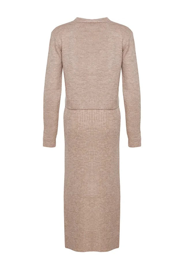 Dark Khaki Ribbed Soft-Knit Dress & Cardigan Set