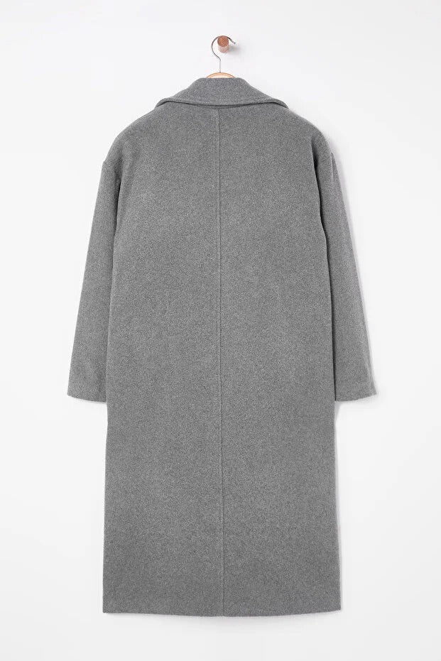 Grey Oversized Wide‑Cut Long Wool‑Blend Coat