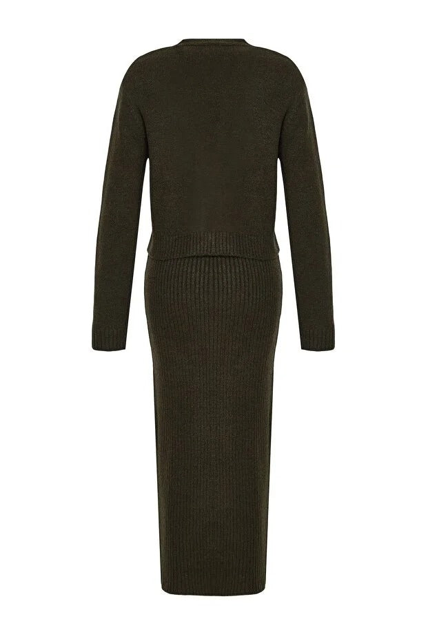 Dark Khaki Ribbed Soft-Knit Dress & Cardigan Set