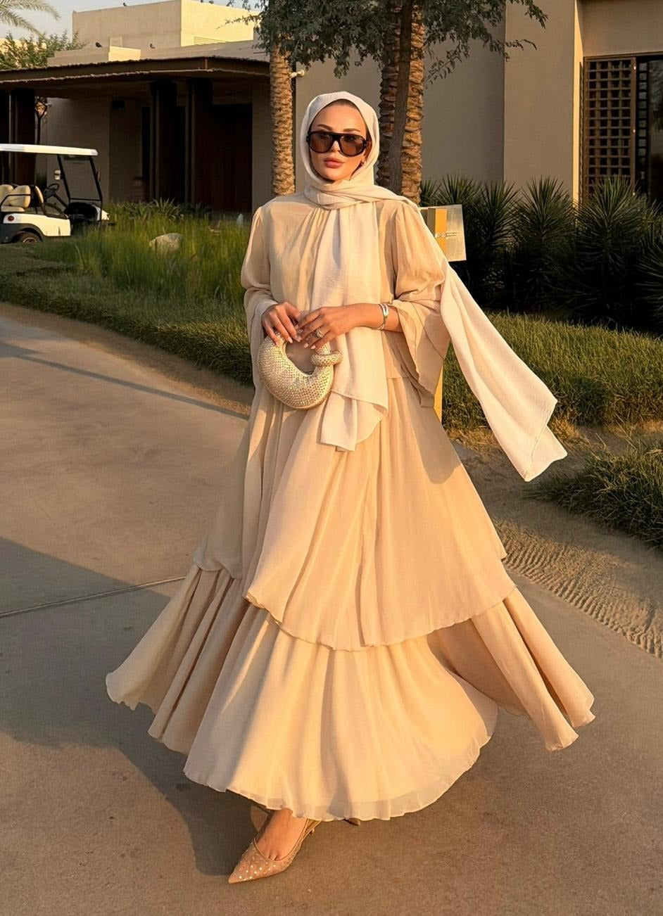 Layered Cape Chiffon Co-ord Set with Tiered Ruffle Skirt - Beige