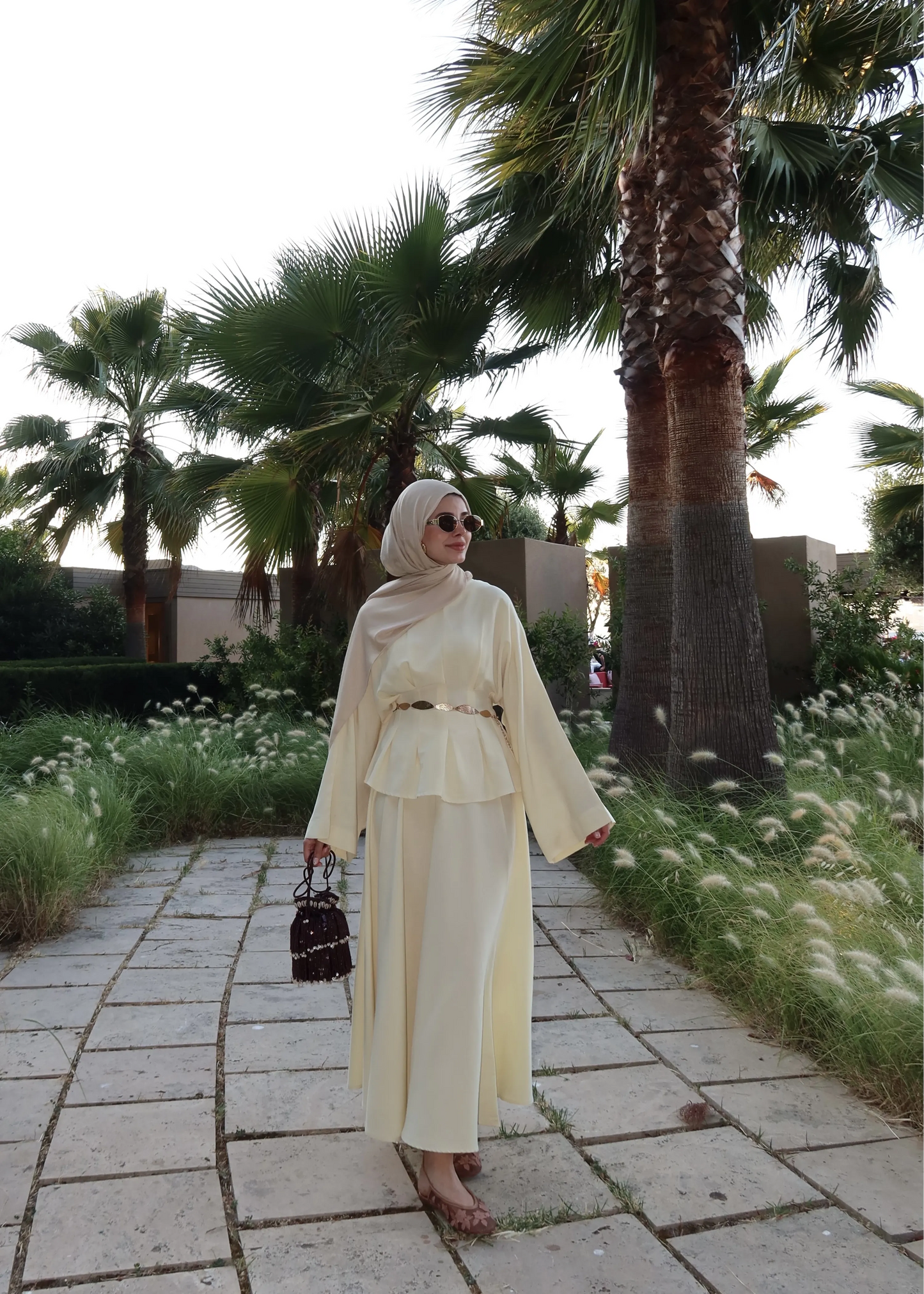 Butter Yellow Linen Pleated Maxi Skirt Set