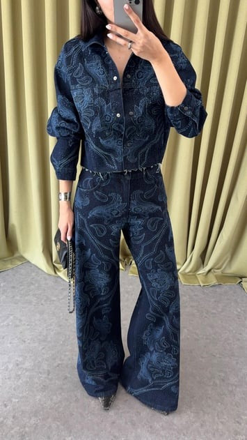 Dark Blue Palazzo Fit Denim Jeans with Shiny Stone Pattern