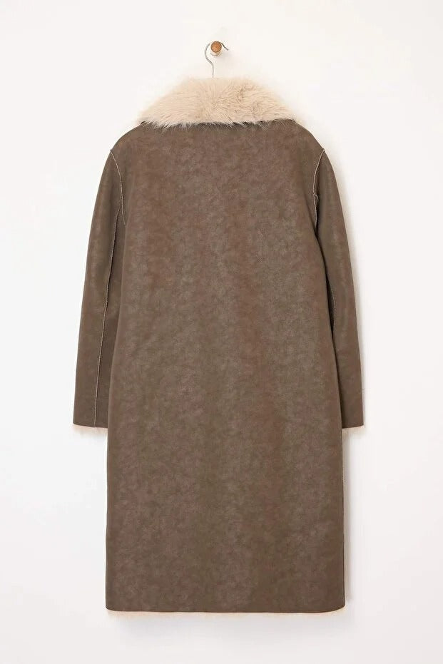 Taupe-Ecru Reversible Long Suede Coat with Fur Lapel and Mono Closure