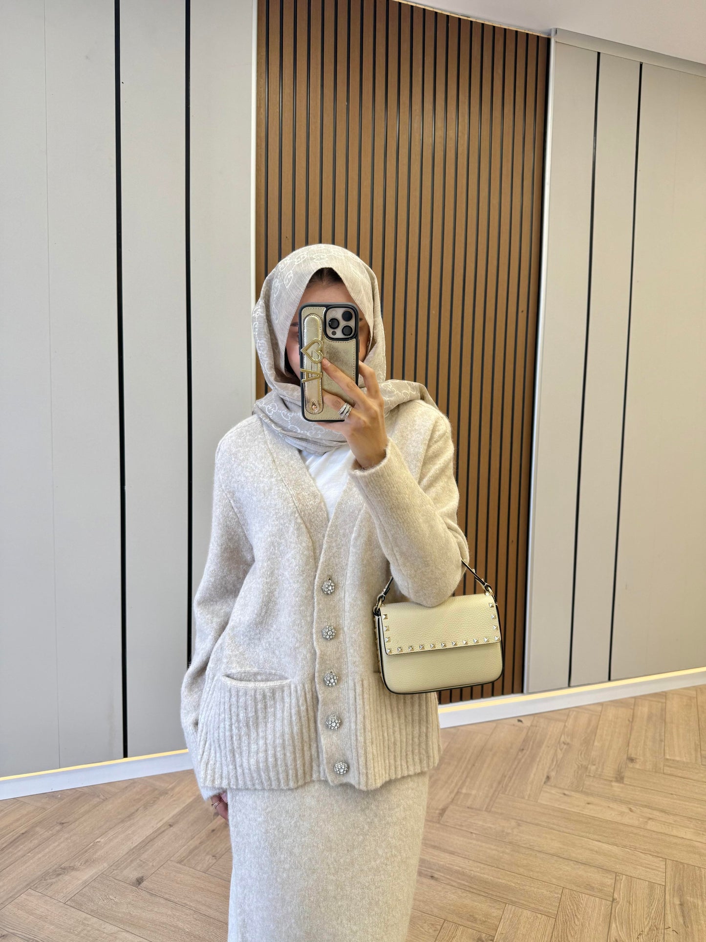 Stone Button Knitwear Blazer & Skirt Co-ord – Beige