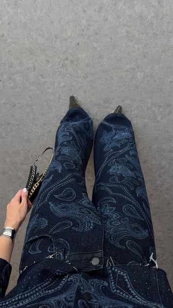 Dark Blue Palazzo Fit Denim Jeans with Shiny Stone Pattern