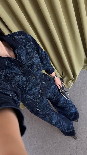 Premium Dark Blue Button-Front Denim Jacket with Shiny Stone Pattern