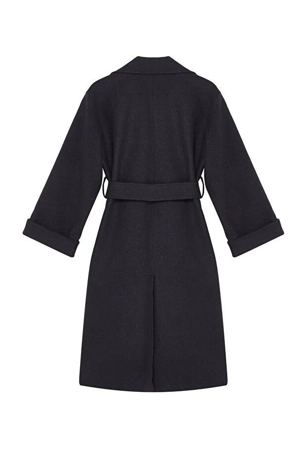 Black Belted Regular Fit Long Wool-Blend Coat