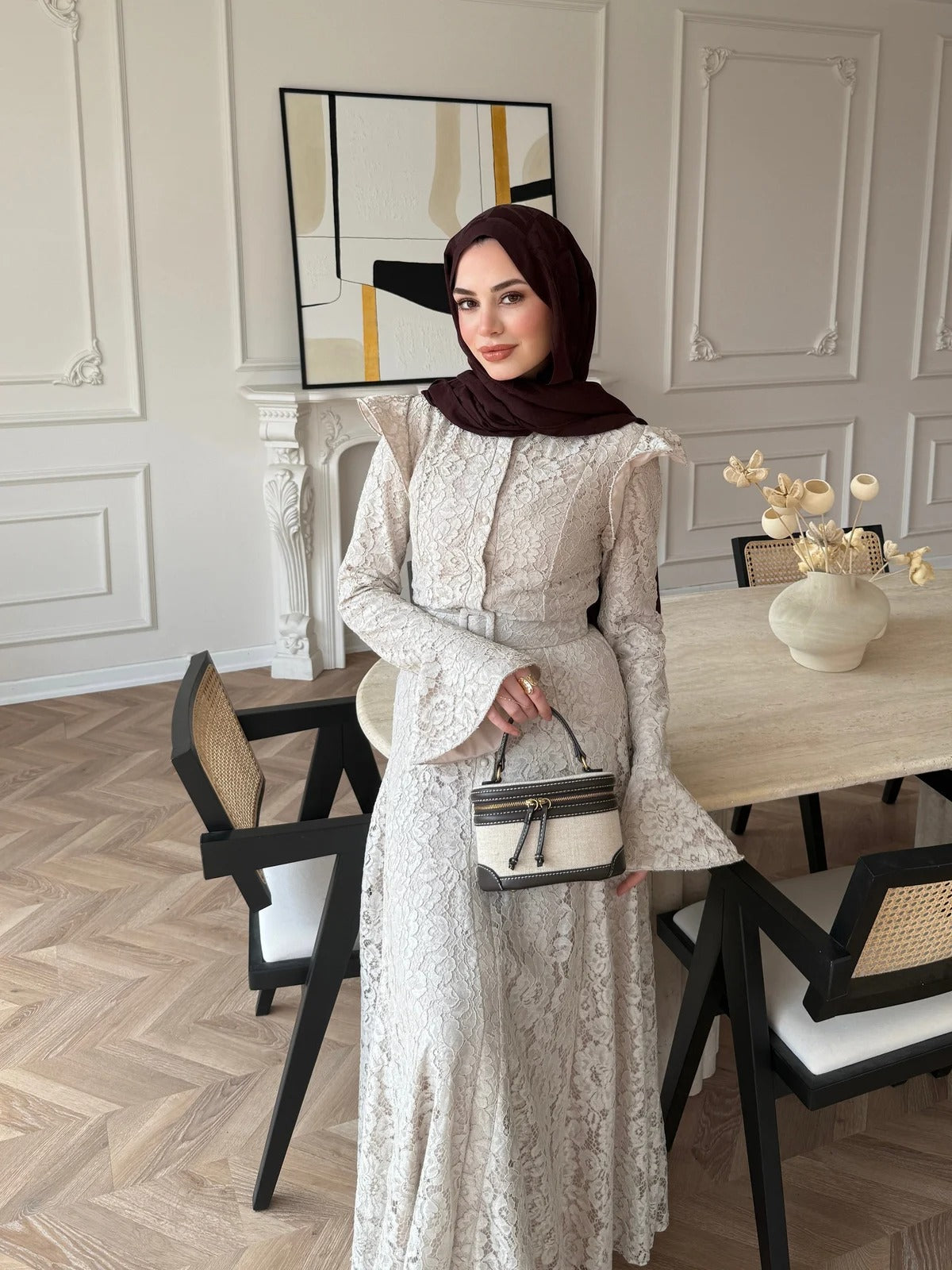 Lace Detailed Belted Maxi Dress - Beige