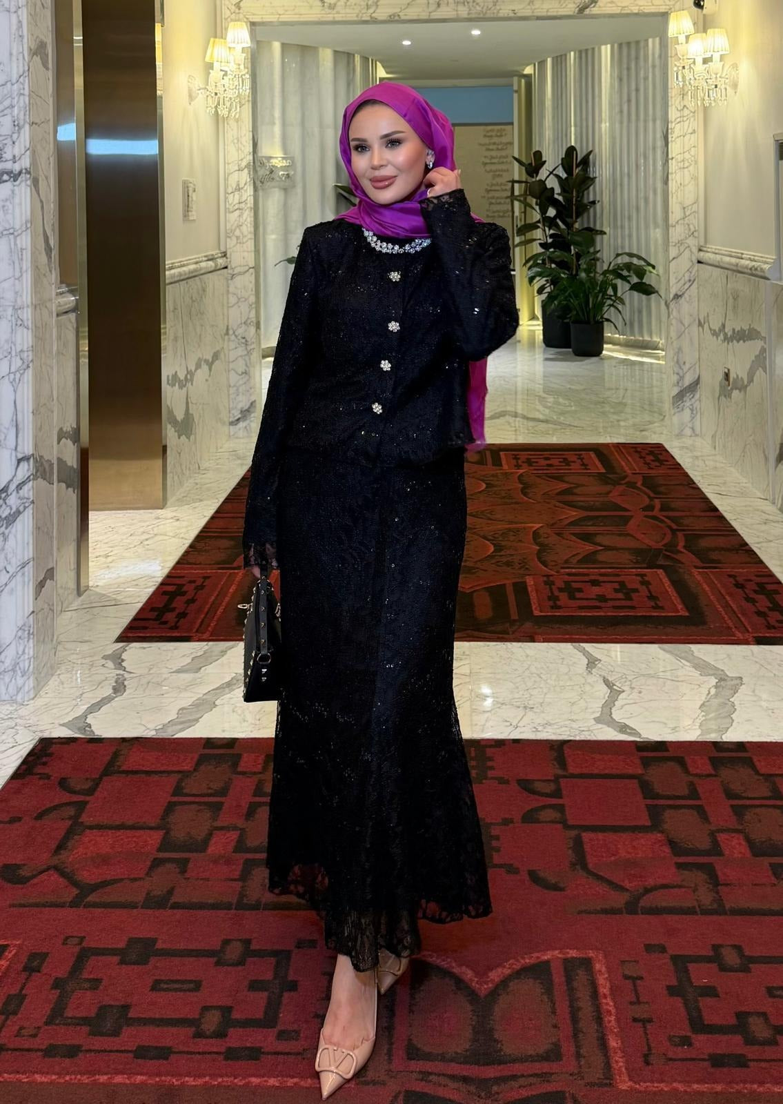 Lace Shimmer Skirt Set – Black