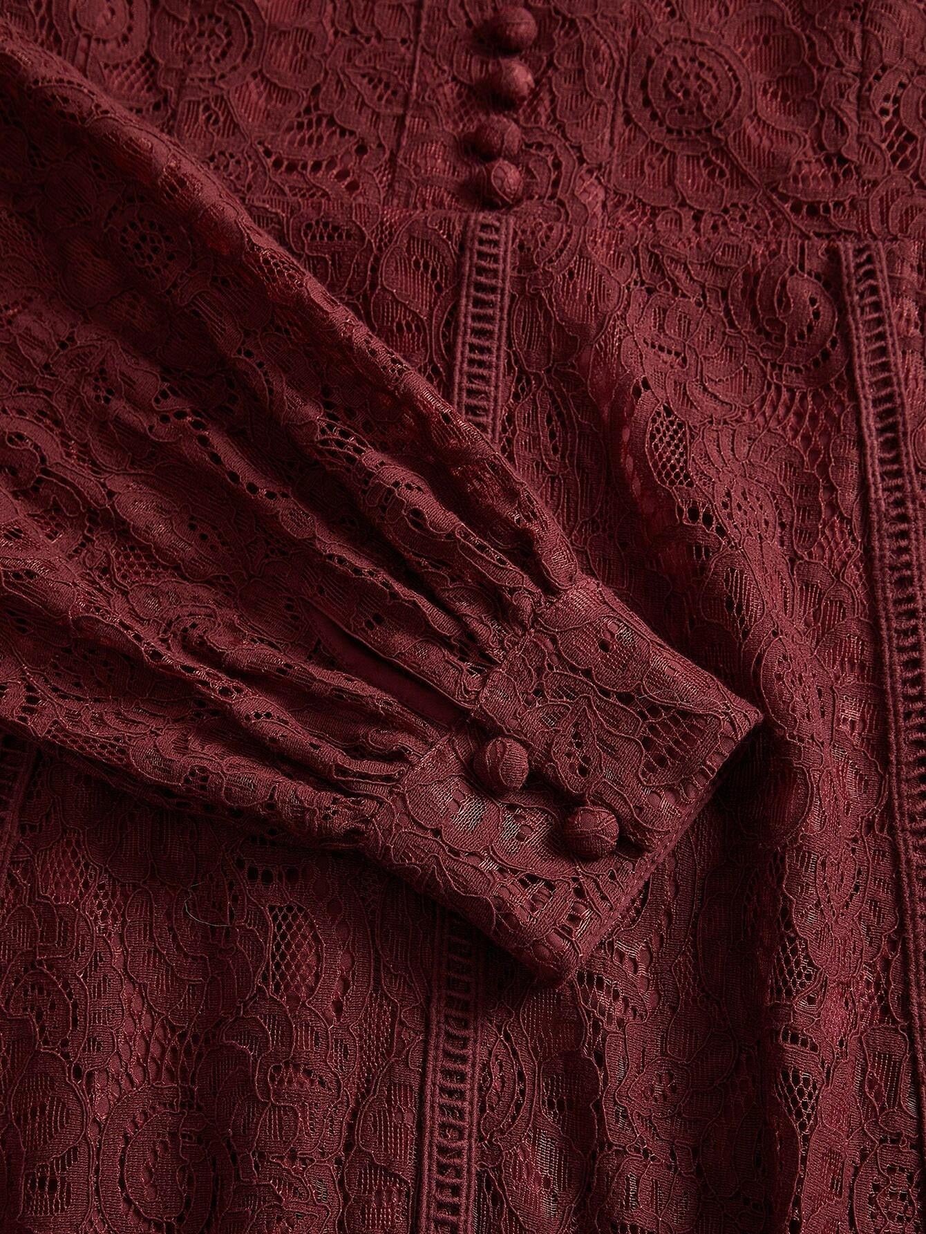 Long‑Sleeve Rose Lace Maxi Dress – Burgonya