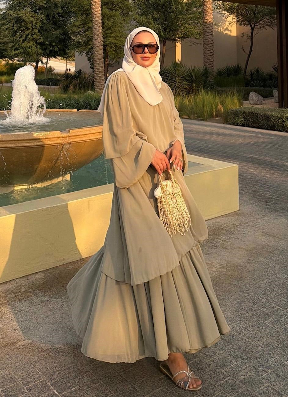 Layered Cape Chiffon Co-ord Set with Tiered Ruffle Skirt - Light Green