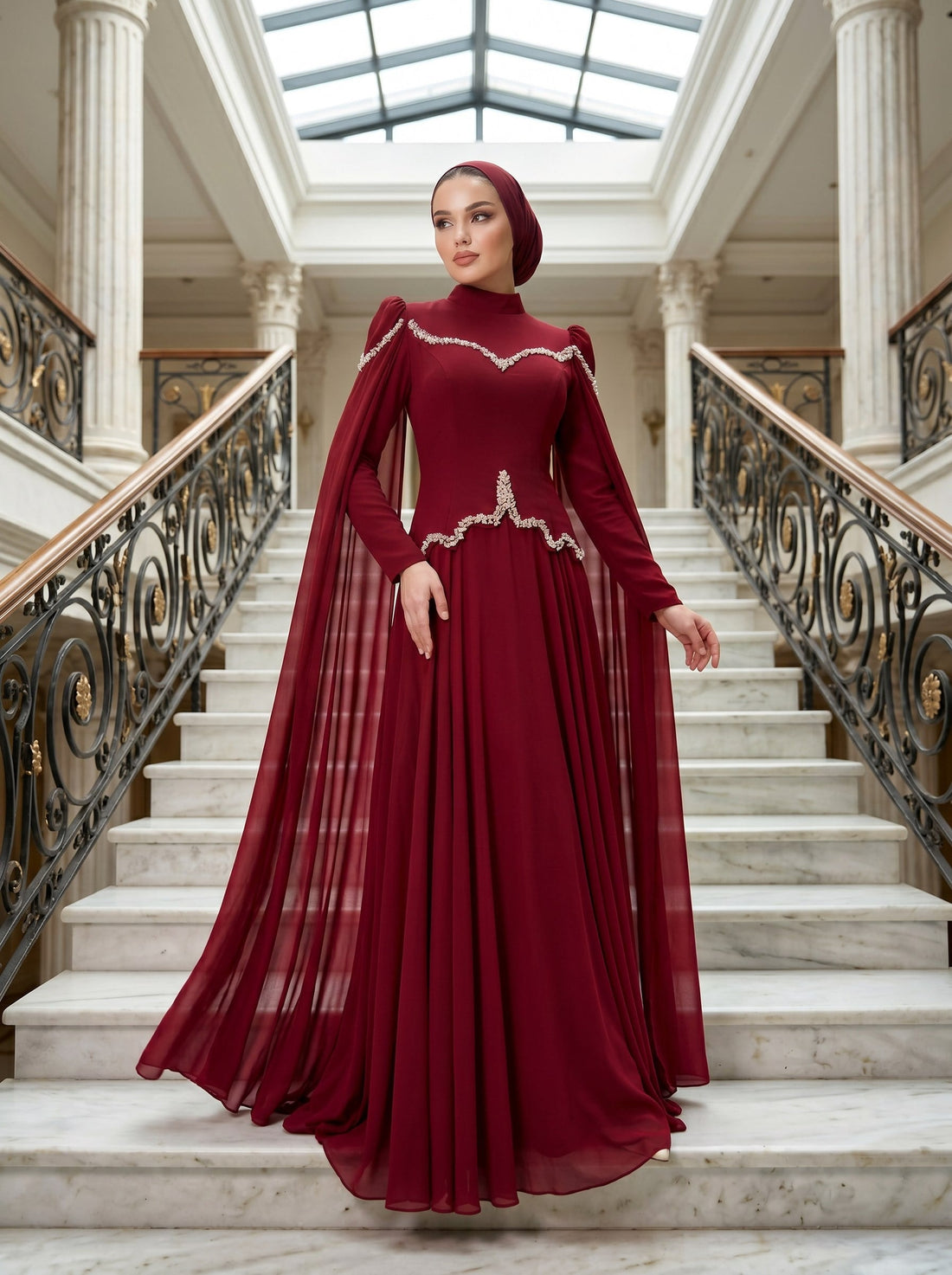 Stone-Embellished Corset Bodice Cape Sleeve Formal Dress- Burgundy
