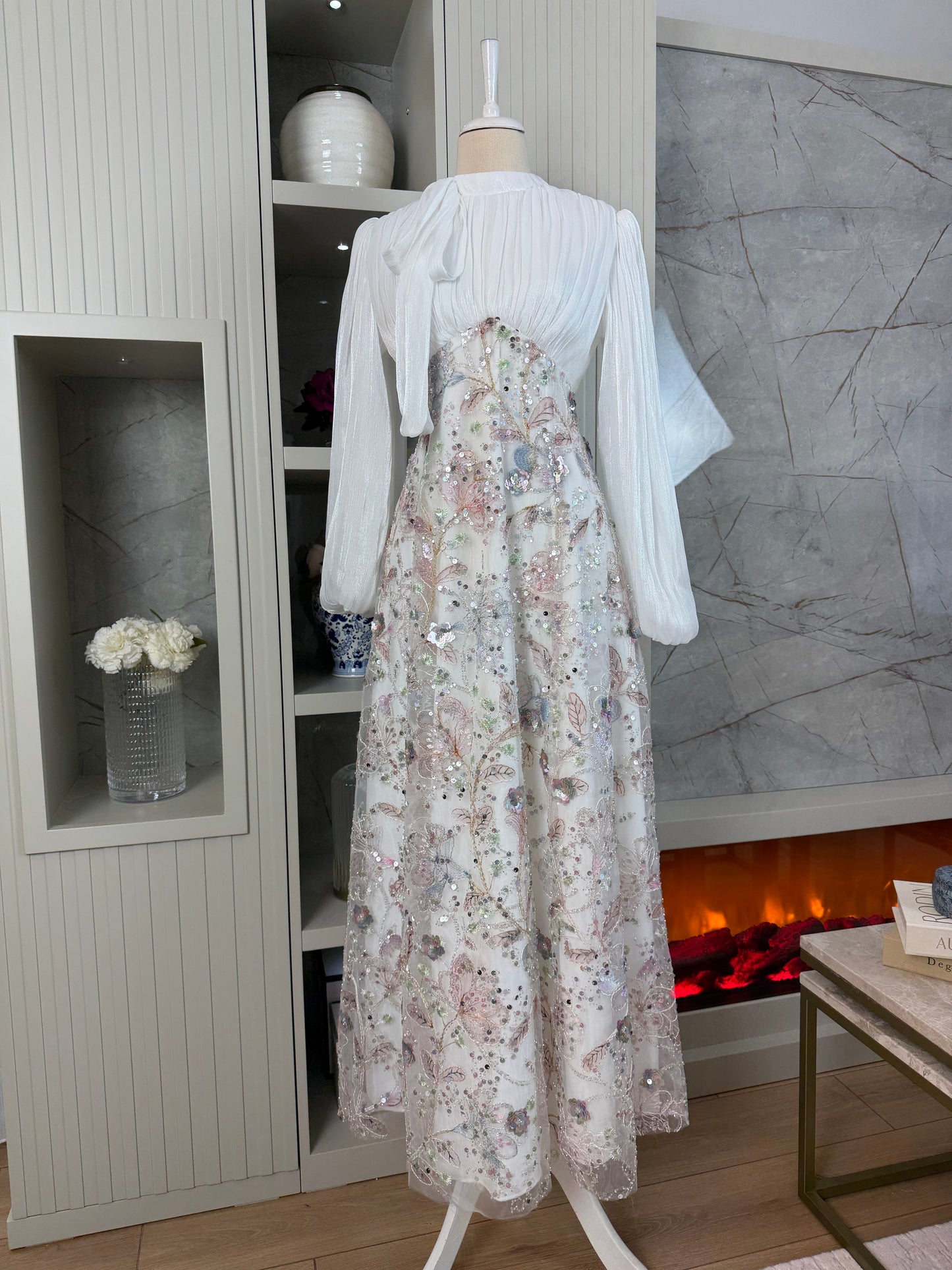 Lisbonne Orchid & Embroidery Modest Evening Gown - White