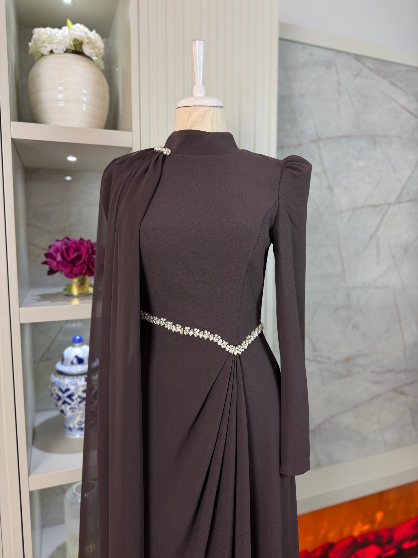 Lucy Brown Pleated Gown | Stone Embellished Cape & Belted Maxi Dress