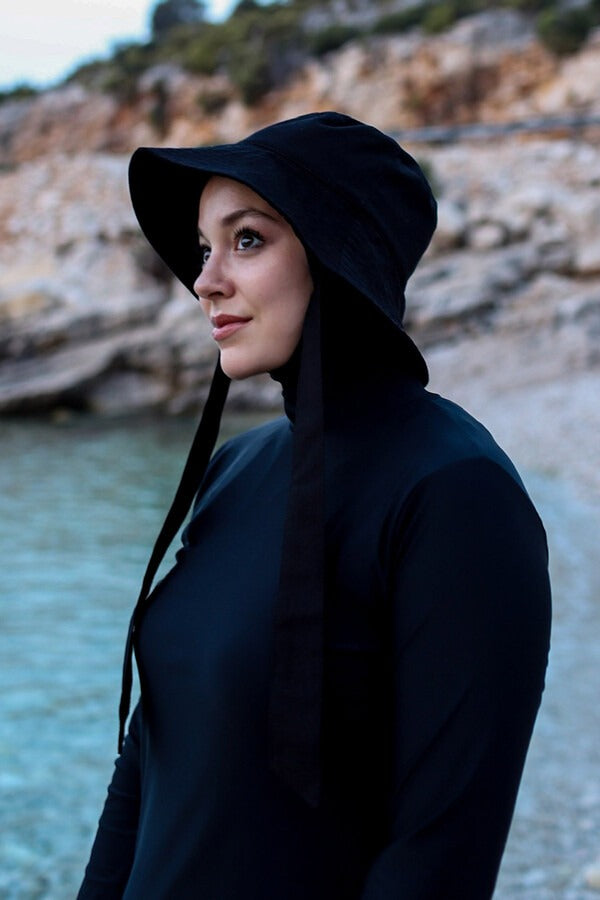 Tie-Detail Bucket Hat - Quick-Dry Wide Brim Sun Hat in Black