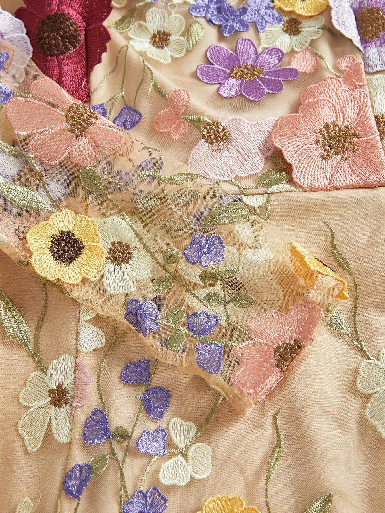 Elegant Mesh Floral Embroidery Maxi Dress