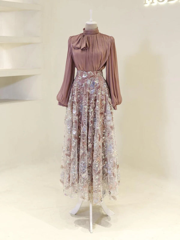 Lisbonne Orchid & Embroidery Modest Evening Gown - Rose