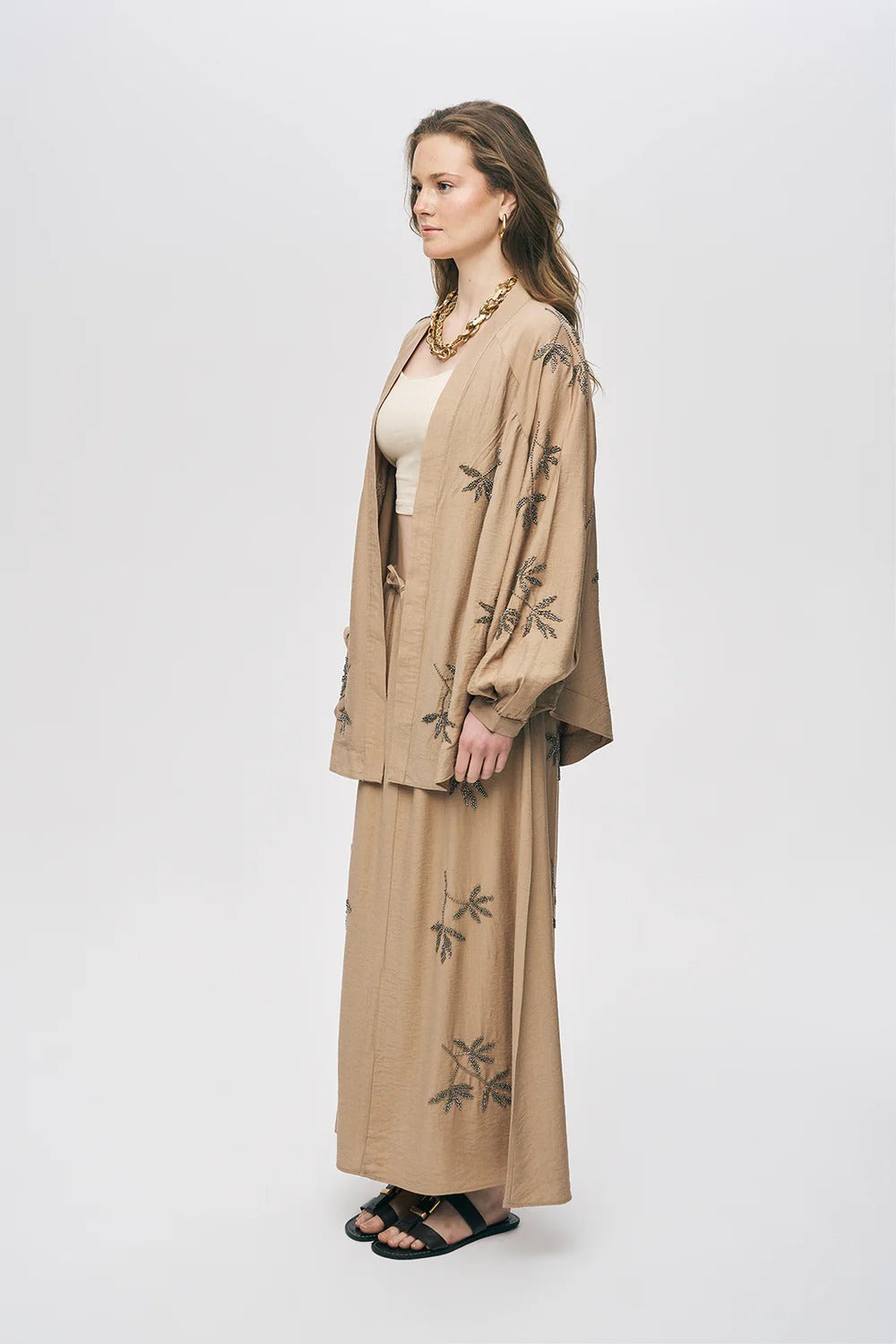 Limited Collection Leaf Embroidered Oversized Draped Kimono – Beige